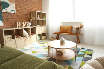 Sticker - Interior of living room with wooden bench and shelving unit