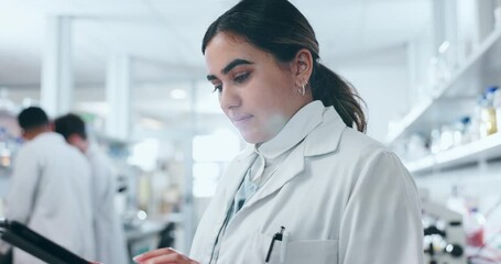 Poster - Thinking, tablet and scientist woman in a laboratory with research, online data and pharmaceutical study. Science, working and investigation for medical, healthcare and chemistry work for biotech