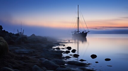 Canvas Print -  a boat is sitting on the shore of a body of water.  generative ai