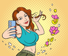 Selfie, A Young Woman Uses A Mobile Phone To Take Pictures Of Herself. Pop Art Hand Drawn Style Vector Design Illustrations.