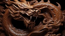 Wood Chinese Dragon Statue: Sign For Lunar Zodiac, Asian Culture, And Festive Greetings - Generative AI