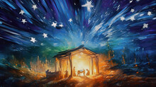 Nativity Scene, Starry Night Manger Watercolor, Generative Ai