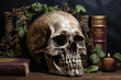 Human skull with books, accessory for Halloween celebration