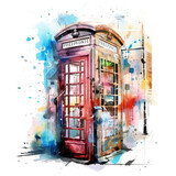 Fototapeta Big Ben - Watercolor Phone Booth Illustration, A quaint and charming red phone booth standing alone in a lush English countryside, surrounded by rolling hills and blooming wildflowers, Generative Ai