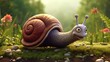 © Anna - a snail is sitting on the ground in the grass and flowers.  generative ai