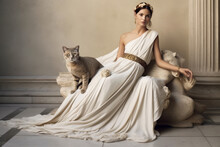 Fantasy Art Greek Goddess Woman Brunette Hair, Fashion Model Posing With Cat. Girl Aphrodite Sexy Queen. White Antic Style Silk Fabric Long Dress.