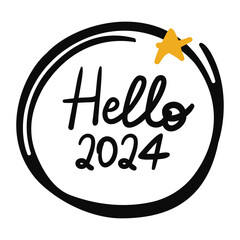 Wall Mural - Hello 2024 lettering with doodle circle and hand drawn stars. Vector illustration isolated on transparent background