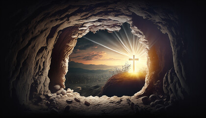 Wall Mural - Resurrection - light in an empty tomb with a crucifix at dawn. Generative AI,