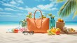 a beach bag filled with vibrant summer accessories set against the backdrop of a tropical beach. The scene encapsulates the carefree spirit of summer vacations.
