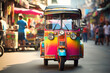 Colorful tuk-tuk waiting for passengers in a bustling Asian market street.