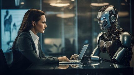 tense scene in the waiting room: girl in business attire and an AI robot are waiting for an interview