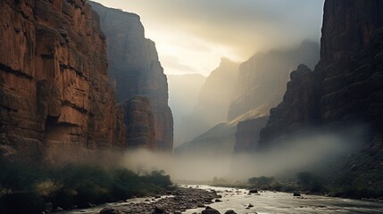 Sticker -  a river flowing through a canyon surrounded by tall rocks and grass.  generative ai