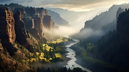 Canvas Print -  a river running through a valley surrounded by mountains and trees.  generative ai