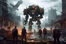 Action scene of a sci-fi mech standing on the ruins of the city in an attacking pose with an assault gun. Apocalypse concept.