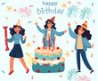 Office colleagues unite to celebrate birthday. Euphoria in the air with dancing friends and floating confetti. Concept of happiness, celebration. Illustration for or invitation postcard.