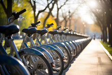 Row Of Bicycles Available For Rent At A City Bike-sharing Station.