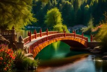 A Rainbow-colored Bridge Stretches Gracefully Across A Pristine River, Leading To A Mythical Land Of Happiness And Wonder - AI Generative