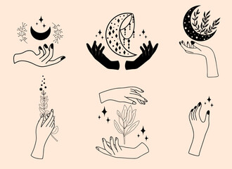 Wall Mural - Set of mystical illustrations, magic objects, female witchy hands with mystical moon, stars and magic flowers, sacral esoteric symbols