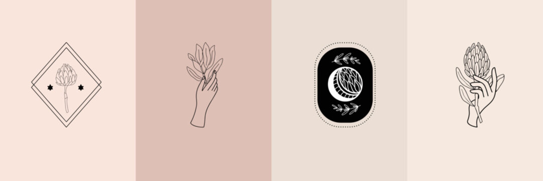 Vector set of mystical illustrations, female hands and magic flowers, minimal celestial and floral line art drawing, pre-made logo set
