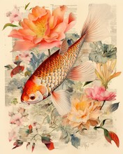 Koi Fish In Dark Academia Collage Illustration Style 