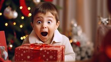 Surprised Baby Boy Opening A Christmas Gift Box. Generative AI