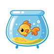 Goldfish swims in an aquarium on a white background. Vector illustration in cartoon style