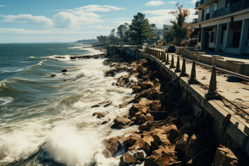 Coastal Resilience. Seawall protecting a city from rising sea levels, exemplifying the adaptation strategies for a sustainable climate. Generative Ai.