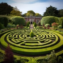 A garden with a circular maze in the middle of it. Generative AI.