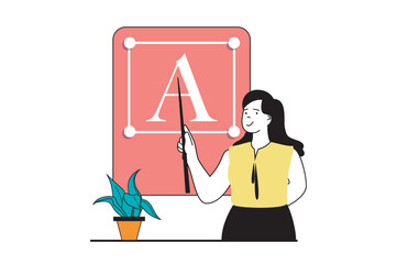 Wall Mural - designer agency concept with people scene in flat web design. woman works with typeface elements and