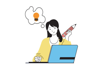 Poster - Designer agency concept with people scene in flat web design. Woman brainstorming and working with drawing tools at laptop for project. Vector illustration for social media banner, marketing material.