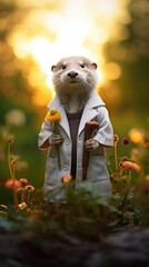 Sticker - An otter in a white lab coat standing in a field of flowers. Generative AI.