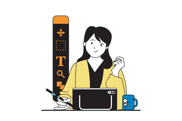 Fototapete - Designer agency concept with people scene in flat web design. Woman drawing at graphic tablet, using digital tools for creating art. Vector illustration for social media banner, marketing material.