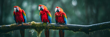 Three Scarlet Macaws Perch On A Branch To Take Refuge From The Rain Deep In The Amazon Rainforest 