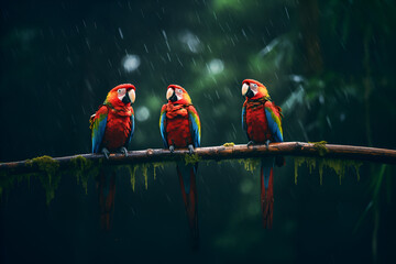 Wall Mural - Three Scarlet Macaw Parrots Perch On A Branch as they Shelter from the Rain