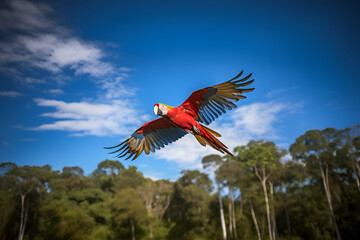 a scarlet macaw flies in front of a clear blue sky