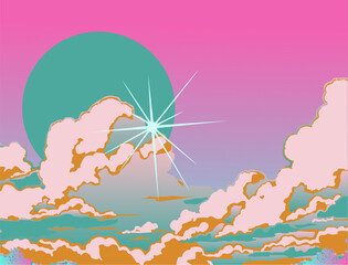 Wall Mural - Bright cloudscape with a glowing star overhead. Vector illustration in cartoon anime style with retrofuturistic vaporwave vibe.