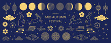 Mid Autumn Festival. Chinese Traditional Ornaments. Set Of Gold Decorative Elements, Rabbits, Moon, Flowers, Mooncakes, Fireworks, Lanterns, Clouds. Concept For Holiday Decor, Card, Poster, Banner. 