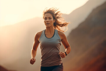 Sportswoman running in the mountains at sunset