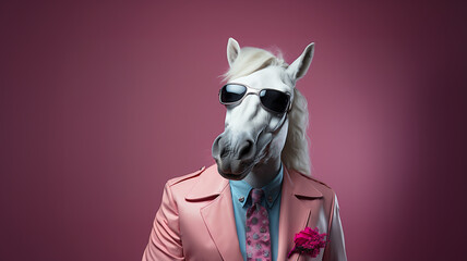 A white horse wearing a pink suit and tie, a blue shirt and dark sunglasses. Celebrity or famous person concept. Generative AI