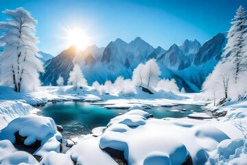 Snowy Mountain Landscapes with Sunlit Peaks and Solitary Beauty - AI Generative
