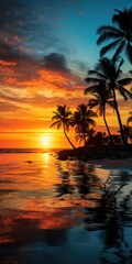 Wall Mural - Beautiful illustration of palm trees on a sunset background. Generative AI