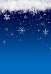 Wall Mural - Snow background. Blue Christmas snowfall with defocused flakes. Winter concept with falling snow. Holiday texture and white snowflakes