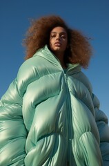 Wall Mural - a woman on the street with a big green puffer jacket