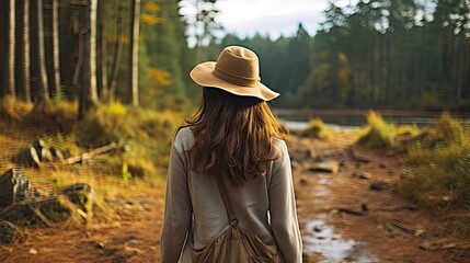 Wall Mural - Woman walking in forest