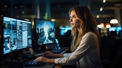a woman in dress clothes sitting at a computer with software displaying on the monitor in an office with dusky night light