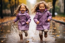 Happy Children Jumping Through Puddles In Autumn. Background With Selective Focus