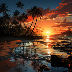 Sticker -  the sun is setting behind a beach lined with palm 
