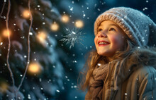 Little Girl With Christmas Lights Enjoying The Holidays Outdoors In Snowfall. Happy Cute Child Girl Playing With Chistmas Festive Lights. Digital Ai