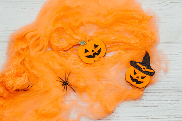 Toy Halloween Pumpkins with Felt and Faux Spider Web Festive Decor Party Accessories