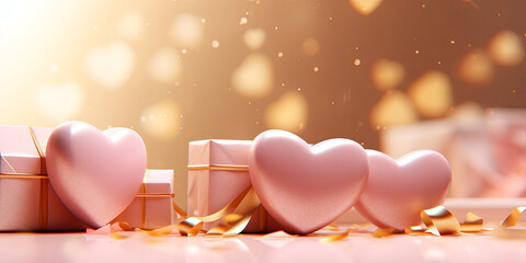 Wall Mural - festive gift boxes, hearts, balloons with space for text. valentines day, sales concept